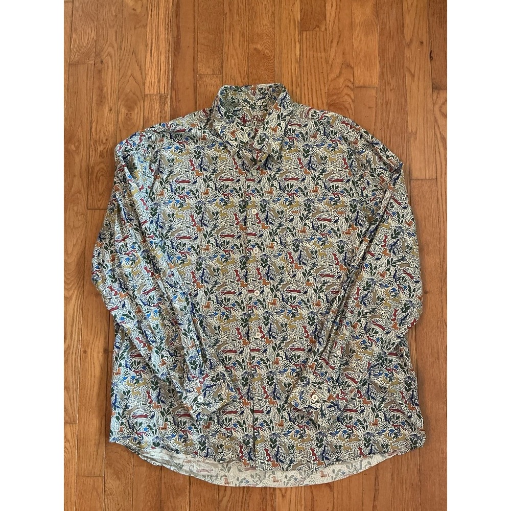 ALAN FLUSSER Men's Shirt Size Large all over animal print Horse Deer Fox